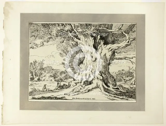 Resting, Men and Dogs Under a Big Tree, from the first issue of Specimens of..., 1802, pub 1803. Creator: William Alfred Delamotte.
