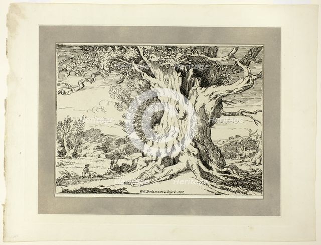 Resting, Men and Dogs Under a Big Tree, from the first issue of Specimens of..., 1802, pub 1803. Creator: William Alfred Delamotte.