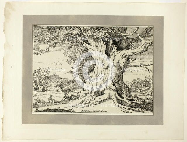 Resting, Men and Dogs Under a Big Tree, from the first issue of Specimens of..., 1802, pub 1803. Creator: William Alfred Delamotte.