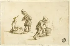 Resting Mother and Child, and Two Men, One Lifting Basket, n.d. Creator: Unknown