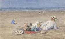 Resting nanny with two children on the beach, 1874-1927. Creator: Johan Antonie de Jonge