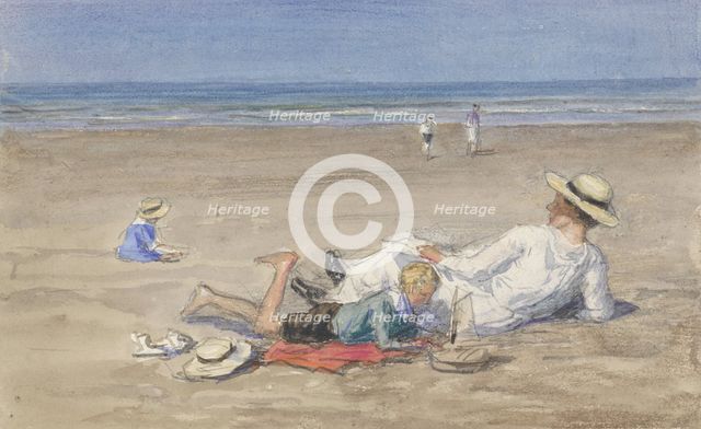 Resting nanny with two children on the beach, 1874-1927. Creator: Johan Antonie de Jonge.