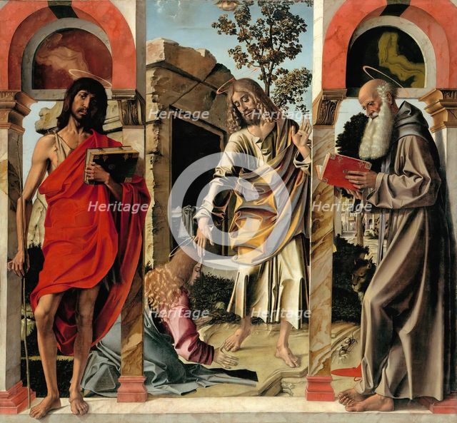 Resurrected Christ with Mary Magdalen and Saints John the Baptist and Jerome, c. 1492. Artist: Montagna, Bartolomeo (1449-1523)