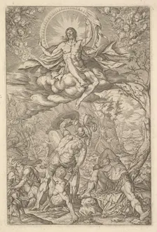 Resurrection of Christ, encompassed by an aureole and clouds with lines of winged putti to..., 1577. Creator: Melchior Meier
