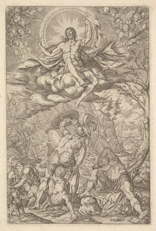 Resurrection of Christ, encompassed by an aureole and clouds with lines of winged putti to..., 1577. Creator: Melchior Meier