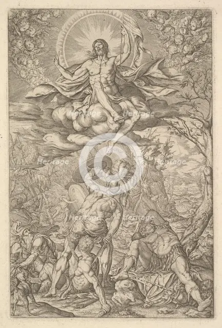 Resurrection of Christ, encompassed by an aureole and clouds with lines of winged putti to..., 1577. Creator: Melchior Meier.