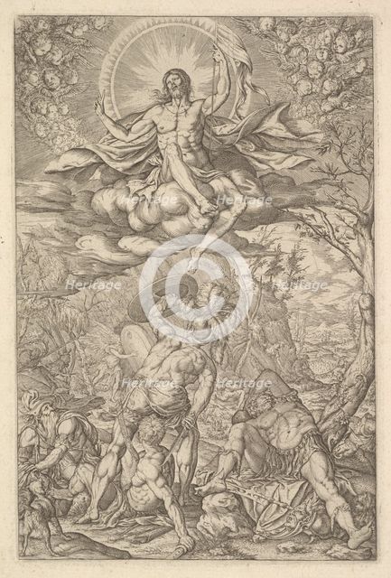 Resurrection of Christ, encompassed by an aureole and clouds with lines of winged putti to..., 1577. Creator: Melchior Meier.