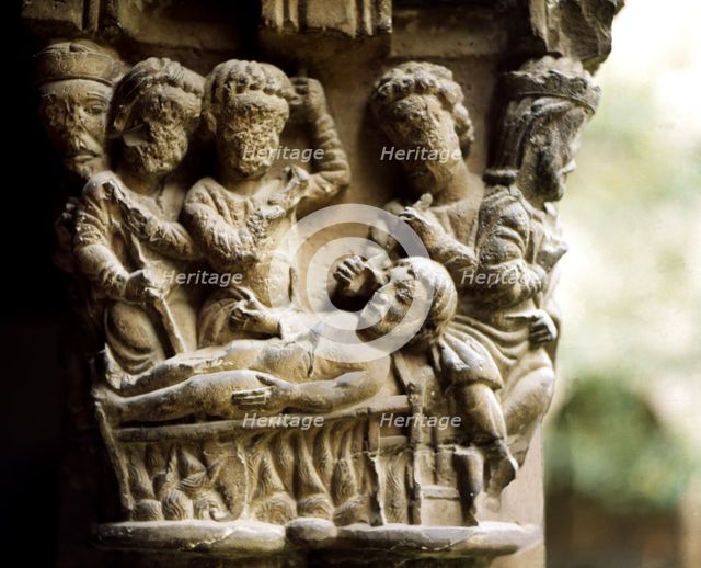 Resurrection of Jesus, decoration of a capital of the cloister from the Cathedral of Tudela.