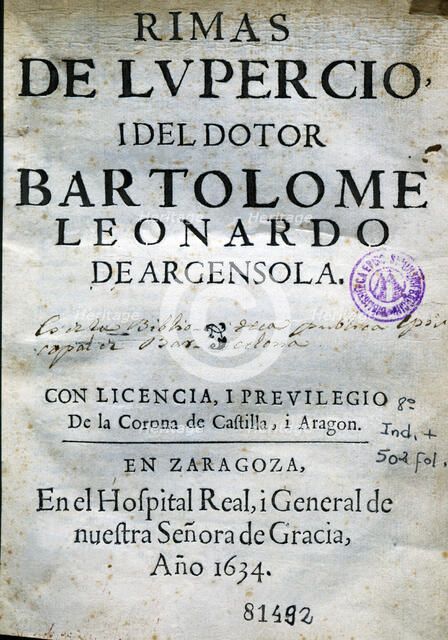 Rhymes' by Lupérnico and Bartolomé Argensola. Cover of the printed work in Zaragoza in 1634.