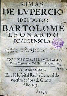 Rhymes by Lupérnico and Bartolomé Argensola. Cover of the printed work in Zaragoza in 1634