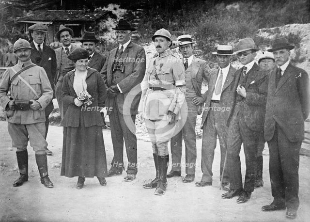 Rheims - American War Correspondents: French Officer; Mrs. Harriet C. Adams; Paul Cravath..., 1916. Creator: Harris & Ewing.
