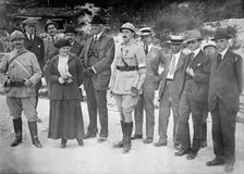 Rheims - American War Correspondents: French Officer; Mrs. Harriet C. Adams; Paul Cravath..., 1916. Creator: Harris & Ewing