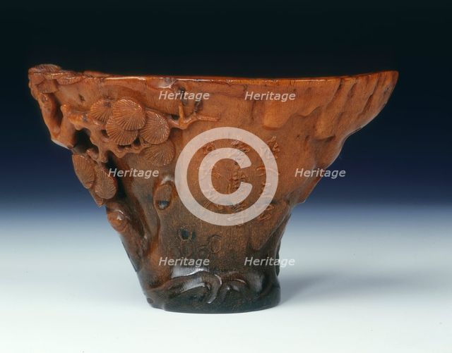 Rhino horn cup with scholar under pine tree, late Ming dynasty, China, 1600-1644. Artist: Unknown