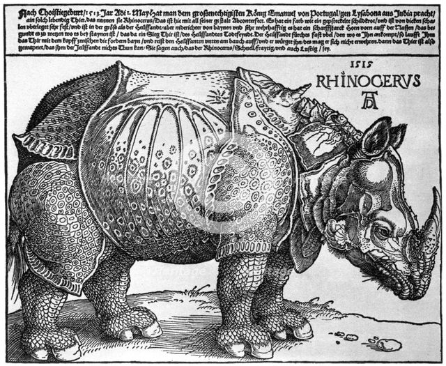 'Rhinoceros', print given to Maximilian I by the King of Lisbon, 1515, (1936). Artist: Albrecht Dürer