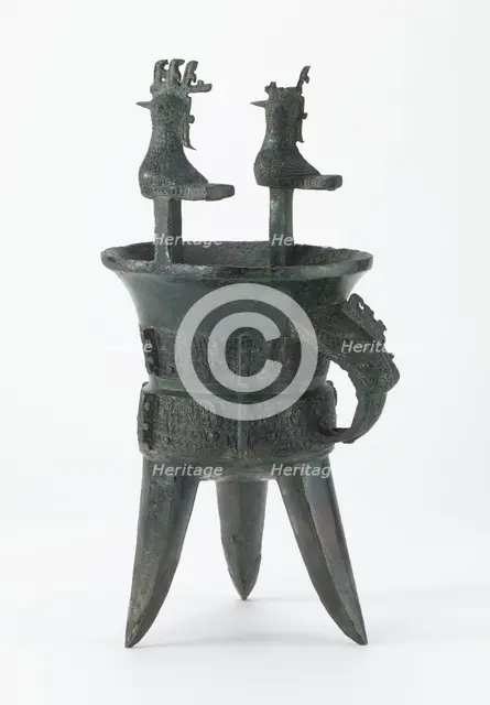 Ritual wine warmer (jia) with taotie and birds, Late Shang dynasty, ca. 1400-1250 BCE. Creator: Unknown.