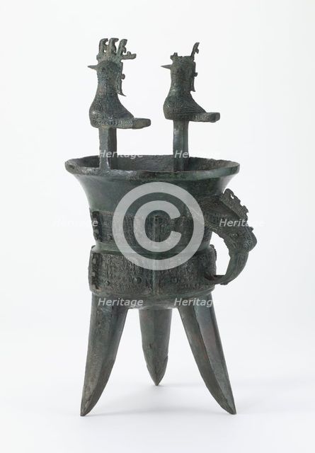 Ritual wine warmer (jia) with taotie and birds, Late Shang dynasty, ca. 1400-1250 BCE. Creator: Unknown.