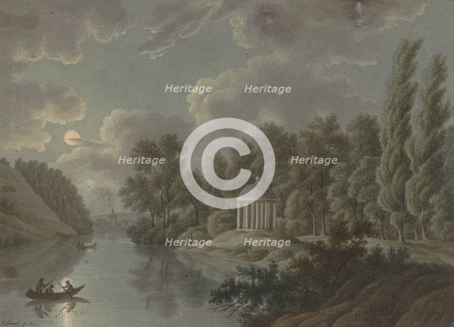 River area with a monopteros in the moonlight, 1811. Creator: T. Lamey.