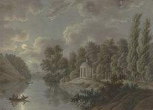 River area with a monopteros in the moonlight, 1811. Creator: T. Lamey