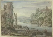River area, old tower, ships being unloaded. Creator: Herman Saftleven the Younger