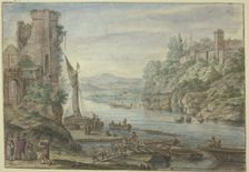 River area, old tower, ships being unloaded. Creator: Herman Saftleven the Younger