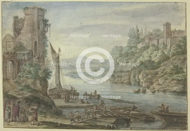 River area, old tower, ships being unloaded. Creator: Herman Saftleven the Younger.