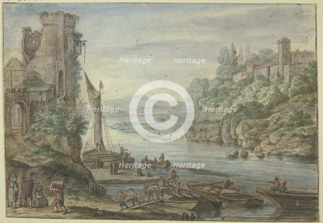 River area, old tower, ships being unloaded. Creator: Herman Saftleven the Younger.