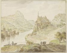 River between mountains, a monastery on a rock to the right. Creator: Cornelis Verdonck