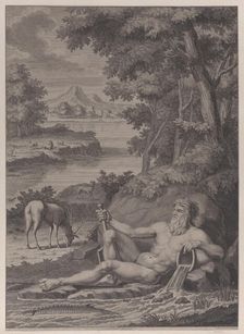 River god in a landscape, 1725. Creator: Frederik Ottens