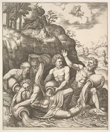 River gods consoling Peneus for the Loss of his Daughter, Daphne from The Story of Apo..., 1530-60. Creator: Master of the Die