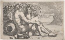 River gods reclining before a seascape, 1651-82. Creator: François Bourlier