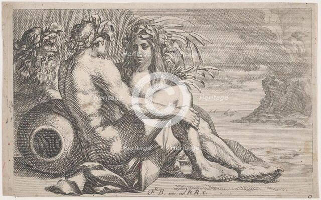 River gods reclining before a seascape, 1651-82. Creator: François Bourlier.