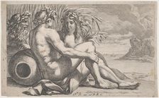 River gods reclining before a seascape, 1651-82. Creator: François Bourlier