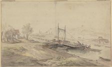 River ferry, houses on both sides of the river, mid-late 18th century. Creator: Christian Georg Schutz