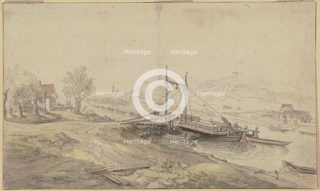 River ferry, houses on both sides of the river, mid-late 18th century. Creator: Christian Georg Schutz.