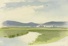 River landscape, mountains in the background, 1860. Creator: Carl Theodor Reiffenstein