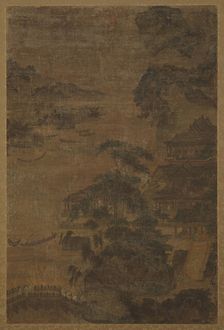 River landscape: mountains, pine-trees, and buildings, Ming dynasty, 1368-1644. Creator: Unknown