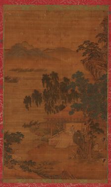 River landscape: a man in a pavilion under large trees, 16th-17th century. Creator: Unknown