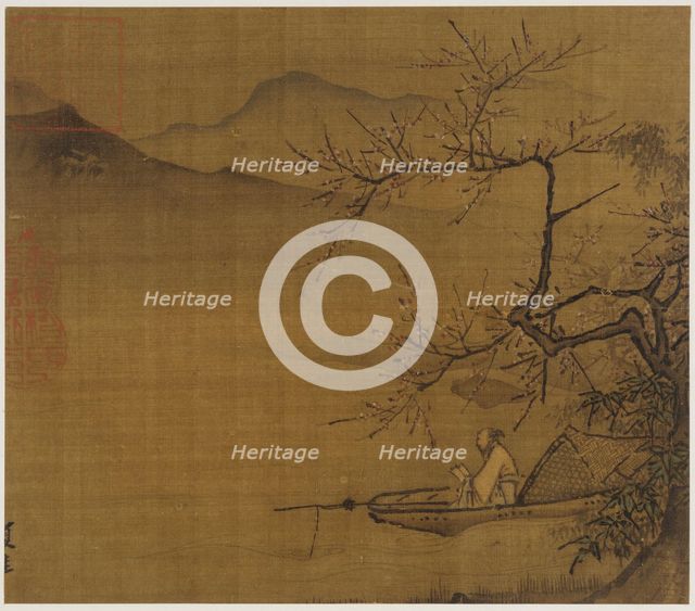 River landscape:a man reading in a boat moored under a blossoming tree, Ming dynasty,1368-1644. Creator: Unknown.