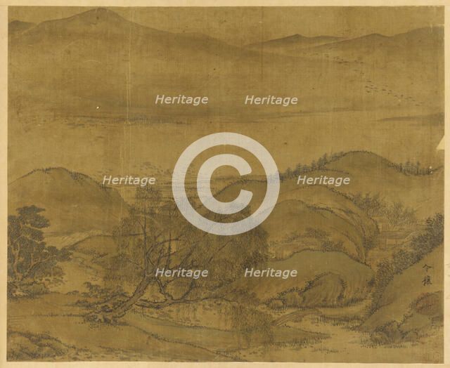 River landscape: a willow and other trees, rolling hills..., Yuan or Ming dynasty, 1279-1644. Creator: Unknown.