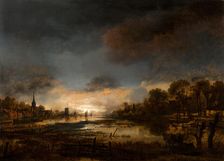 River Landscape at Sunset, c1630-1670. Creator: Aert van der Neer
