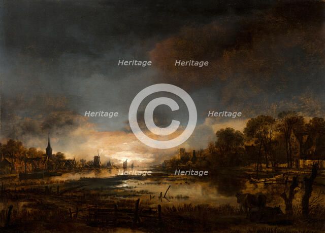 River Landscape at Sunset, c1630-1670. Creator: Aert van der Neer.