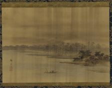 River landscape and temple in the rain, Edo period, 19th century. Creator: Utagawa Hiroshige II