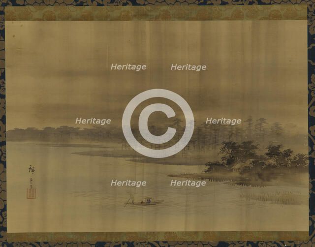 River landscape and temple in the rain, Edo period, 19th century. Creator: Utagawa Hiroshige II.