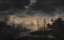 River Landscape in Moonlight;Moonlit View of Canal, 1643-1646. Creator: Aert van der Neer