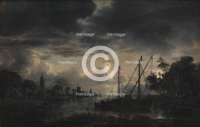 River Landscape in Moonlight;Moonlit View of Canal, 1643-1646. Creator: Aert van der Neer.