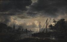 River Landscape in Moonlight;Moonlit View of Canal, 1643-1646. Creator: Aert van der Neer