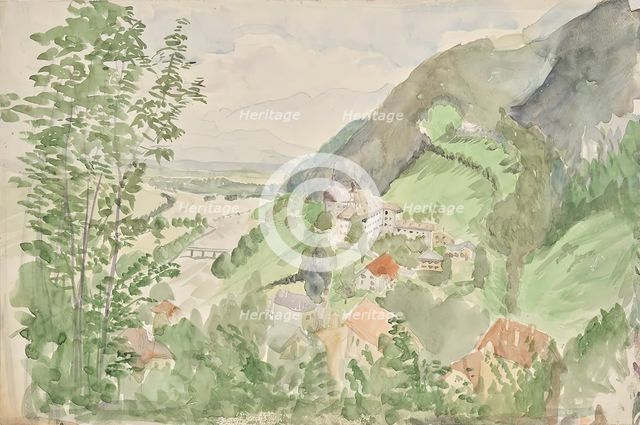 River landscape in the mountains with castle, c1910/1920. Creator: Franz Barwig.
