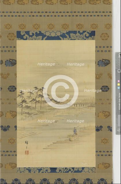 River-landscape: lumber yards and rafts, mid 19th century. Creator: Utagawa Hiroshige II.