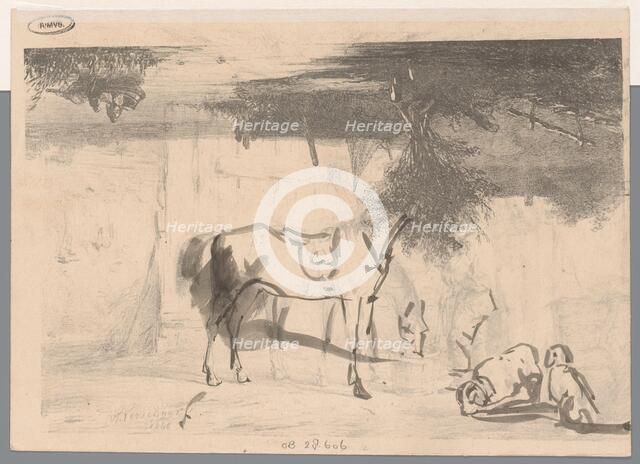 River landscape; two horses and a servant in a stable, 1846.  Creator: Johannes Franciscus Hoppenbrouwers.