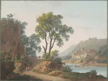 River Landscape with Castles and Travellers, 1817. Creator: Louis Albert Guislain Baclère d'Albe